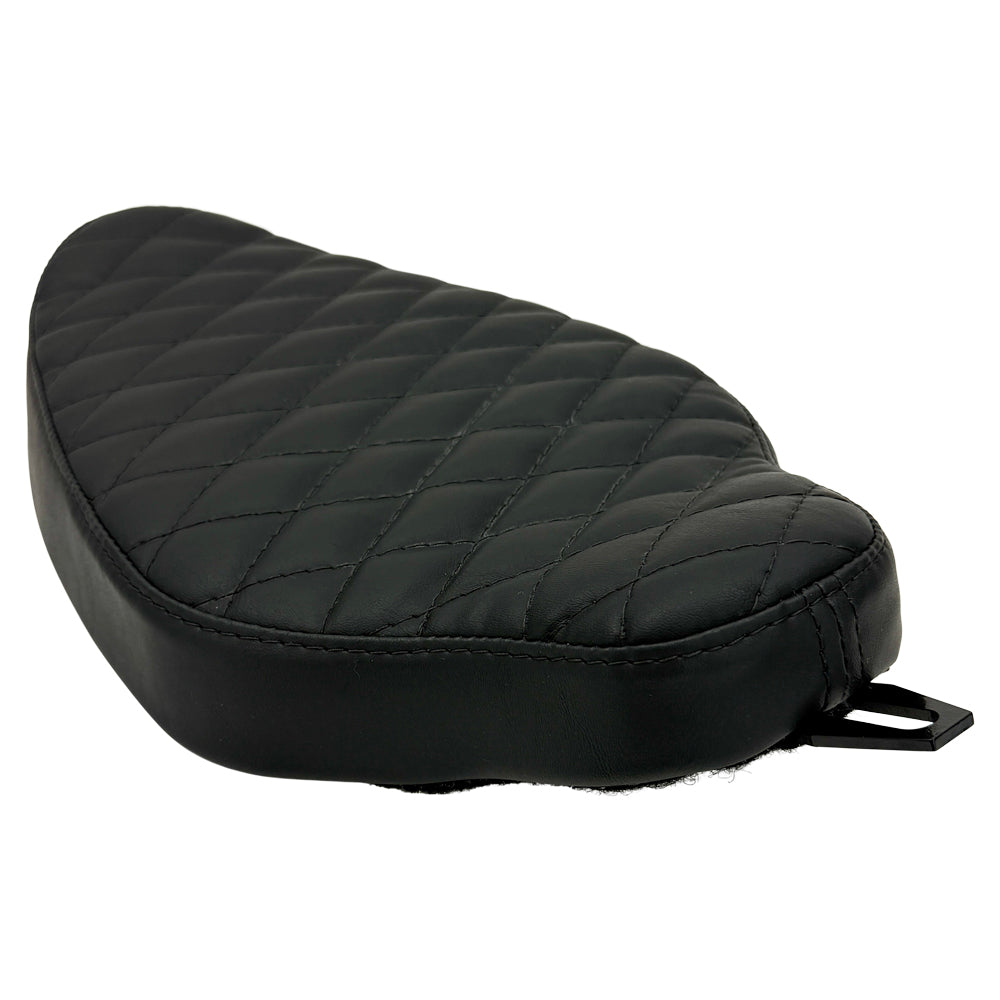 Upgrade your 1982-2003 Harley-Davidson Sportster with Sully's Customs Solo Seat—handmade in black leather, available in horizontal line or diamond quilted designs—for enhanced comfort and style.