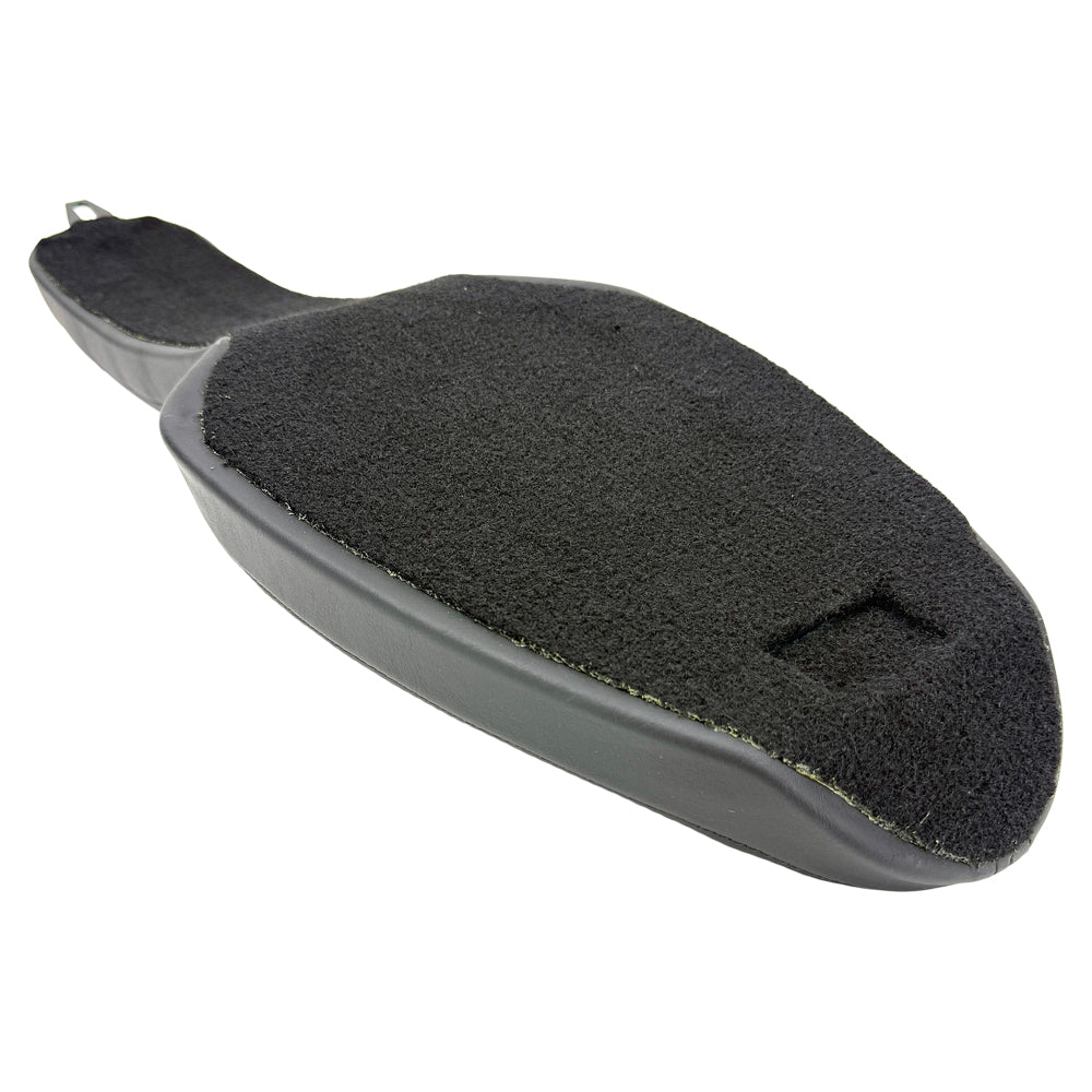 Two black, quilted Sully's Customs Cobra Seats for 1982-2003 Harley-Davidson Sportster featuring diamond stitching are crossed on a white background—perfect for upgrading your bike’s comfort and style.