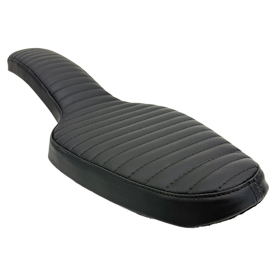 Two black, quilted Sully's Customs Cobra Seats for 1982-2003 Harley-Davidson Sportster featuring diamond stitching are crossed on a white background—perfect for upgrading your bike’s comfort and style.