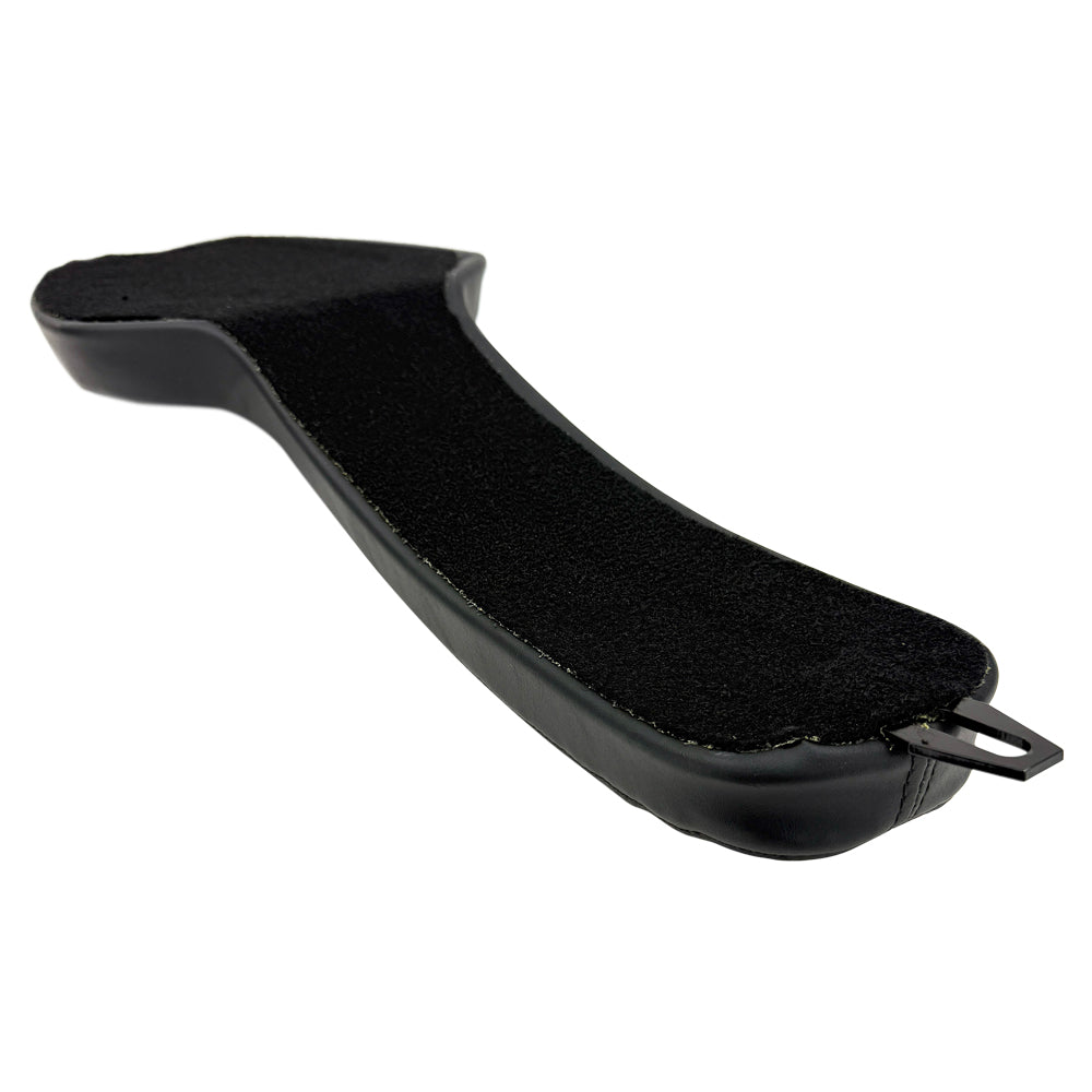 Two black, quilted Sully's Customs Cobra Seats for 1982-2003 Harley-Davidson Sportster featuring diamond stitching are crossed on a white background—perfect for upgrading your bike’s comfort and style.