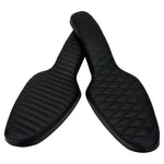 Two black, quilted Sully's Customs Cobra Seats for 1982-2003 Harley-Davidson Sportster featuring diamond stitching are crossed on a white background—perfect for upgrading your bike’s comfort and style.