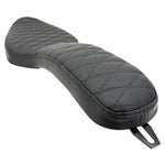 Two black, quilted Sully's Customs Cobra Seats for 1982-2003 Harley-Davidson Sportster featuring diamond stitching are crossed on a white background—perfect for upgrading your bike’s comfort and style.