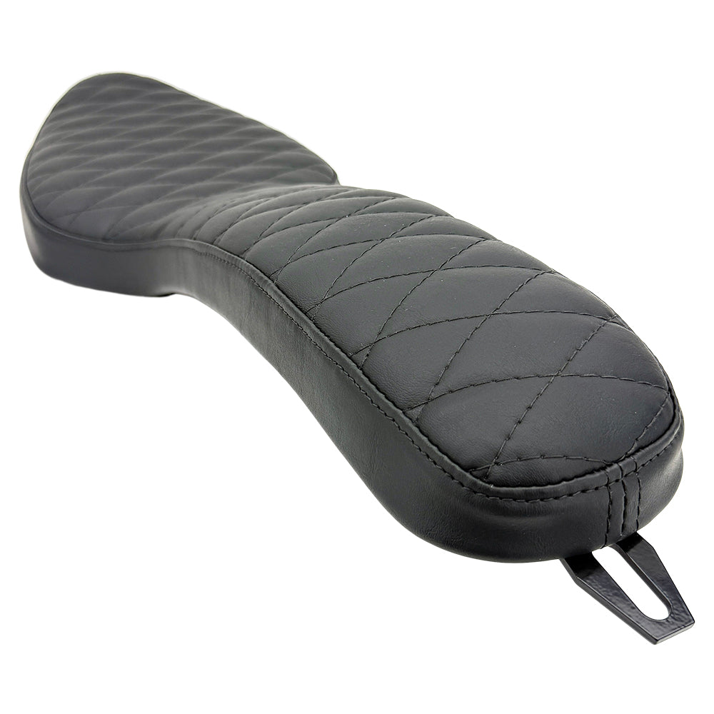 Two black, quilted Sully's Customs Cobra Seats for 1982-2003 Harley-Davidson Sportster featuring diamond stitching are crossed on a white background—perfect for upgrading your bike’s comfort and style.