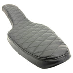 Two black, quilted Sully's Customs Cobra Seats for 1982-2003 Harley-Davidson Sportster featuring diamond stitching are crossed on a white background—perfect for upgrading your bike’s comfort and style.