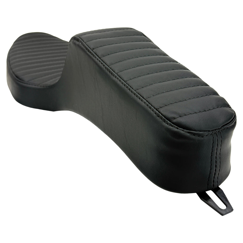 The Sully's Customs Camel Back Seat for 1982-2003 Harley-Davidson Sportster features black quilted, two-piece design with diamond stitching, offering comfort for rider and passenger—precision crafted by Sully’s Customs.