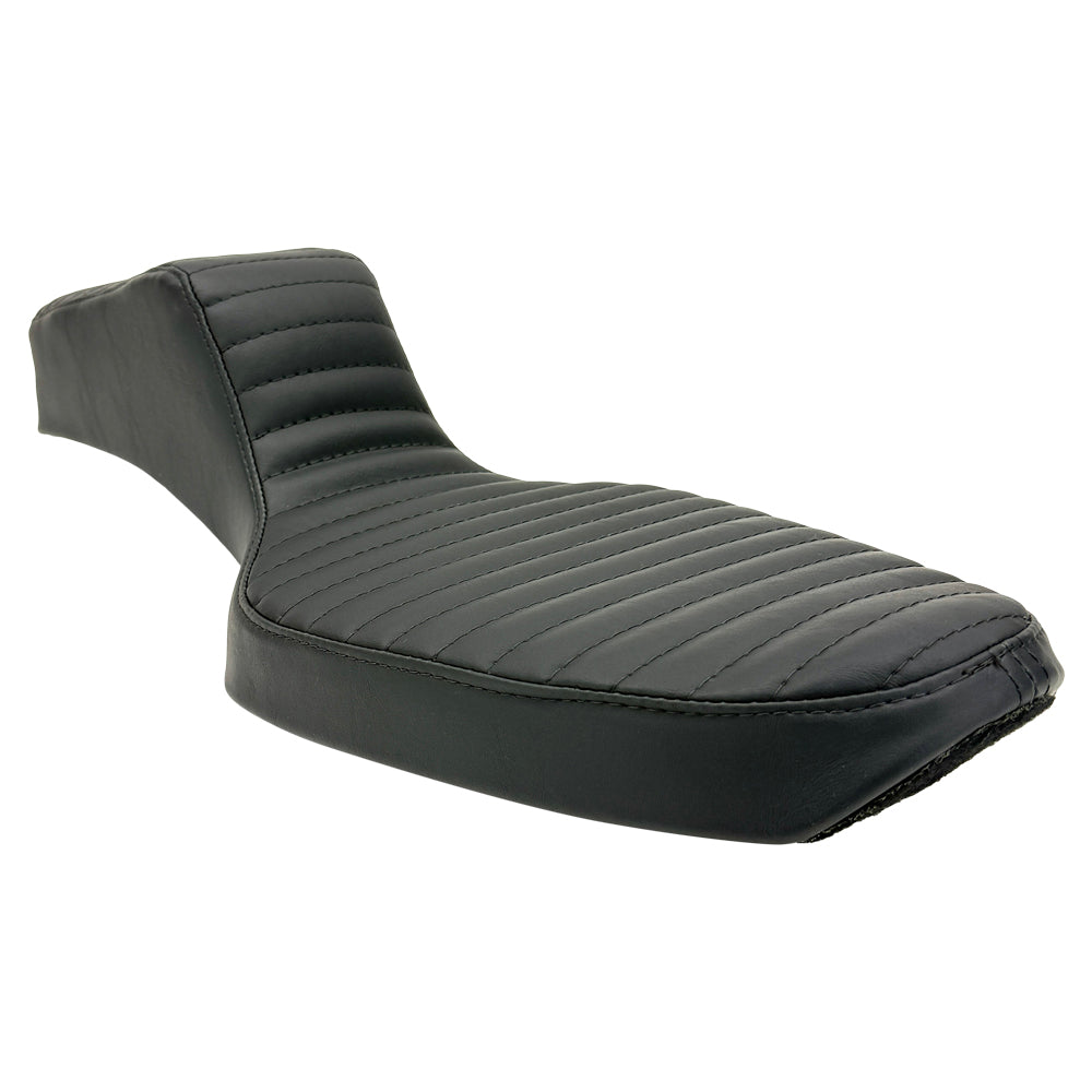 The Sully's Customs Camel Back Seat for 1982-2003 Harley-Davidson Sportster features black quilted, two-piece design with diamond stitching, offering comfort for rider and passenger—precision crafted by Sully’s Customs.