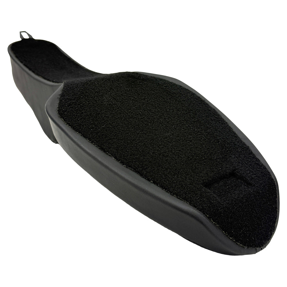 The Sully's Customs Camel Back Seat for 1982-2003 Harley-Davidson Sportster features black quilted, two-piece design with diamond stitching, offering comfort for rider and passenger—precision crafted by Sully’s Customs.