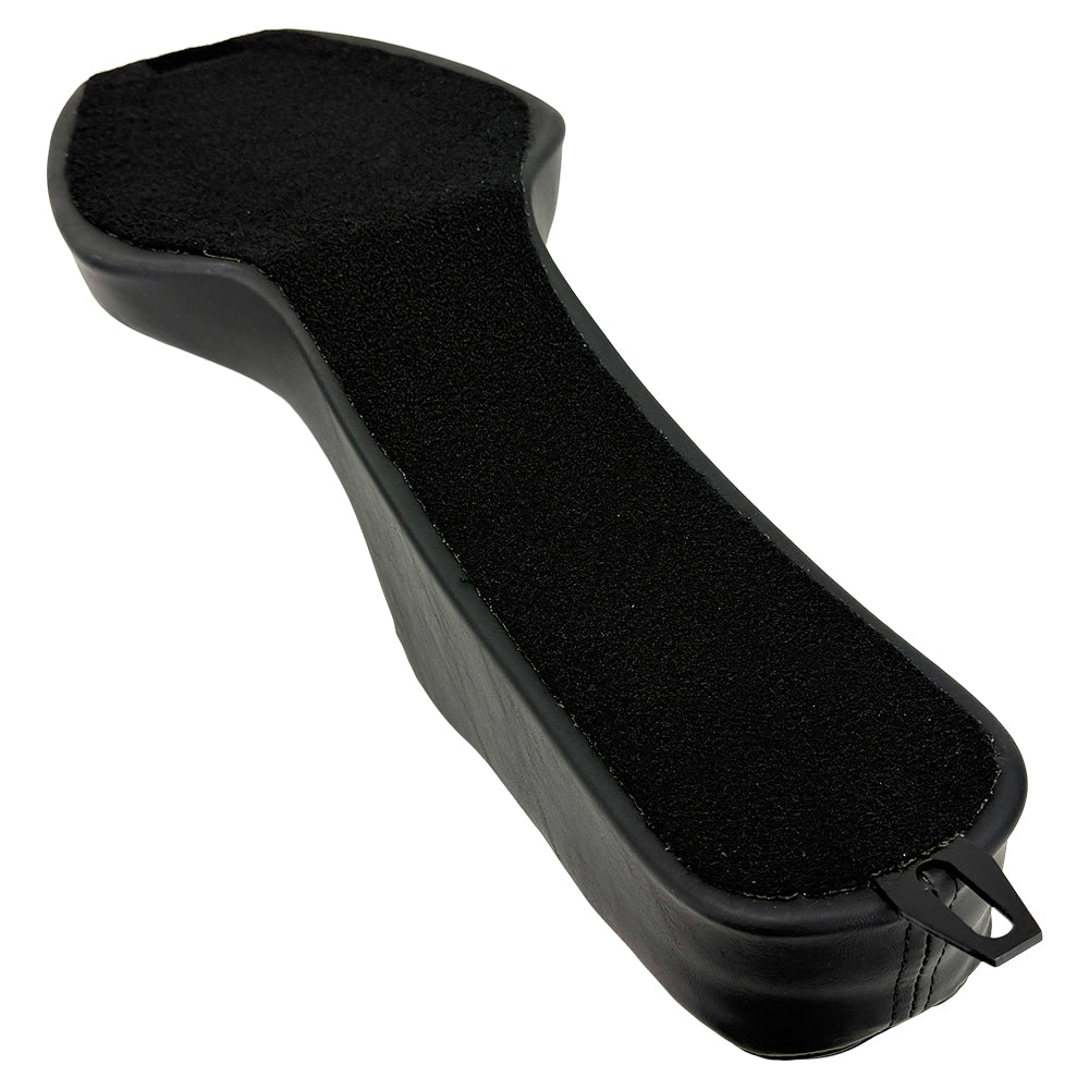 The Sully's Customs Camel Back Seat for 1982-2003 Harley-Davidson Sportster features black quilted, two-piece design with diamond stitching, offering comfort for rider and passenger—precision crafted by Sully’s Customs.