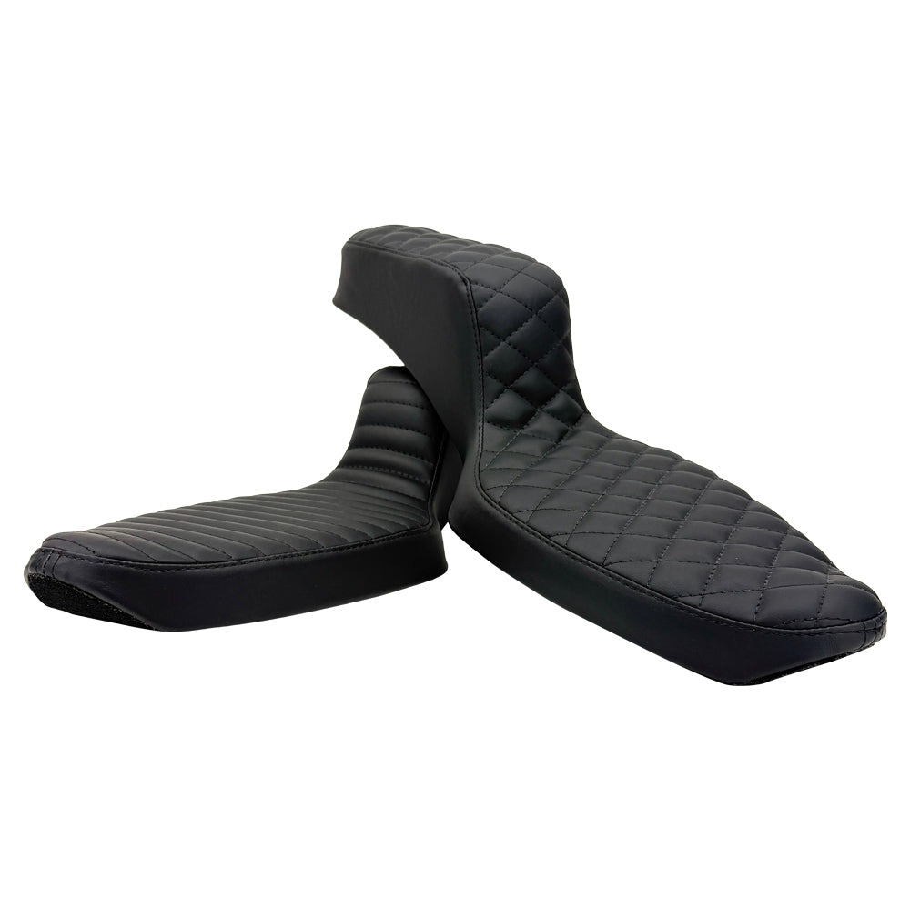 The Sully's Customs Camel Back Seat for 1982-2003 Harley-Davidson Sportster features black quilted, two-piece design with diamond stitching, offering comfort for rider and passenger—precision crafted by Sully’s Customs.