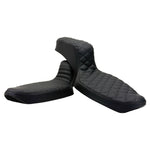 The Sully's Customs Camel Back Seat for 1982-2003 Harley-Davidson Sportster features black quilted, two-piece design with diamond stitching, offering comfort for rider and passenger—precision crafted by Sully’s Customs.