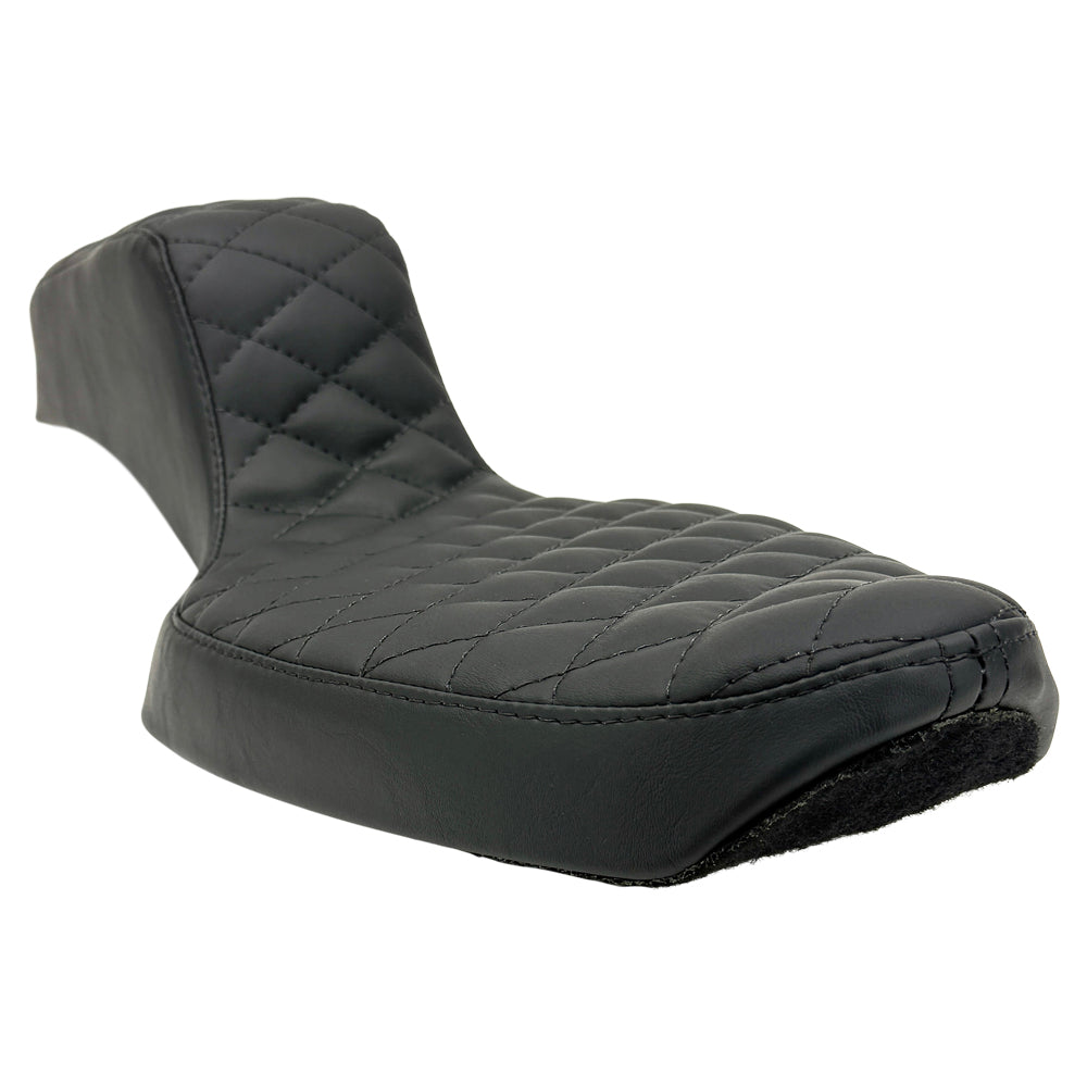 The Sully's Customs Camel Back Seat for 1982-2003 Harley-Davidson Sportster features black quilted, two-piece design with diamond stitching, offering comfort for rider and passenger—precision crafted by Sully’s Customs.