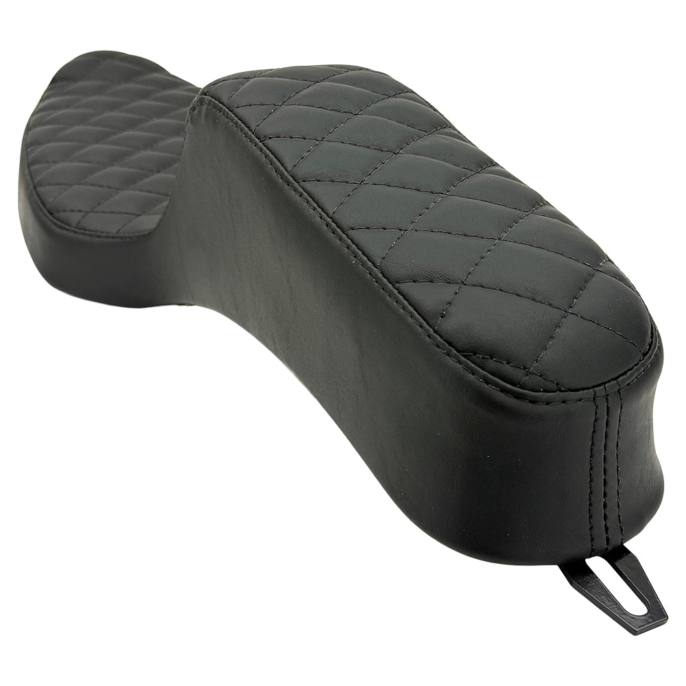 The Sully's Customs Camel Back Seat for 1982-2003 Harley-Davidson Sportster features black quilted, two-piece design with diamond stitching, offering comfort for rider and passenger—precision crafted by Sully’s Customs.