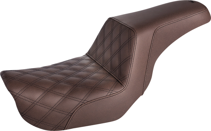 The Saddlemen Step-Up Seat for 2006-2017 Harley-Davidson Dyna features a diamond-stitched pattern, contoured design, and built-in lumbar support. Shown against a white background. Brand: Saddlemen.