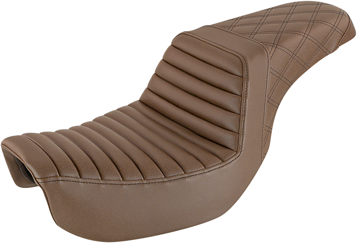 The Saddlemen Step-Up Seat for 2006-2017 Harley-Davidson Dyna features a diamond-stitched pattern, contoured design, and built-in lumbar support. Shown against a white background. Brand: Saddlemen.