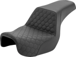 The Saddlemen Step-Up Seat for 2006-2017 Harley-Davidson Dyna features a diamond-stitched pattern, contoured design, and built-in lumbar support. Shown against a white background. Brand: Saddlemen.