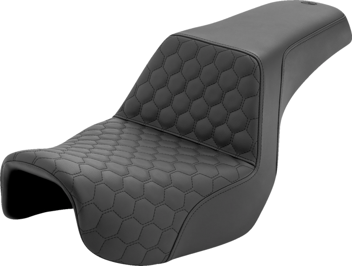 The Saddlemen Step-Up Seat for 2006-2017 Harley-Davidson Dyna features a diamond-stitched pattern, contoured design, and built-in lumbar support. Shown against a white background. Brand: Saddlemen.