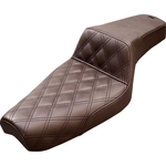 The Saddlemen Step-Up Seat for 1979-2003 Harley-Davidson Sportster features diamond-patterned stitching and a raised back, shown on a white background. This premium seat is made by Saddlemen.