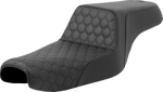 The Saddlemen Step-Up Seat for 2004-2022 Harley-Davidson Sportster (2.2/3.3 gal tank) features diamond-patterned black stitching, a raised rider section, and lower passenger area for enhanced lumbar support.