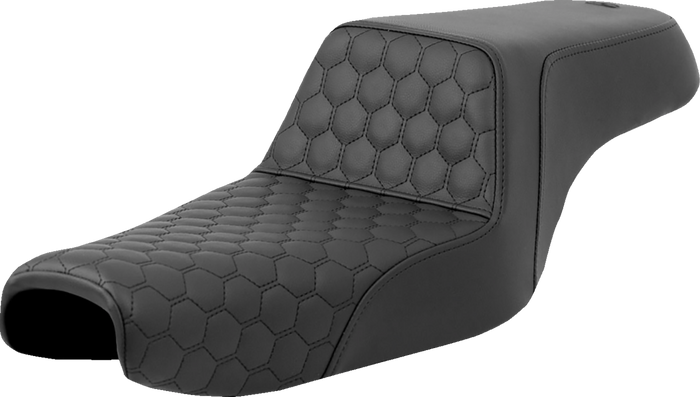 The Saddlemen Step-Up Seat for 2004-2022 Harley-Davidson Sportster (2.2/3.3 gal tank) features diamond-patterned black stitching, a raised rider section, and lower passenger area for enhanced lumbar support.