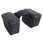 A man stands by his bike with the Throttle Twist Hybrid Saddlebag/Backpack—versatile motorcycle luggage that easily converts into a backpack. Text: "Convertible Saddlebags/Backpack." Brand: Throttle Twist.