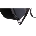 A man stands by his bike with the Throttle Twist Hybrid Saddlebag/Backpack—versatile motorcycle luggage that easily converts into a backpack. Text: "Convertible Saddlebags/Backpack." Brand: Throttle Twist.