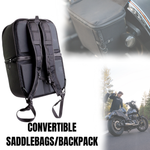 A man stands by his bike with the Throttle Twist Hybrid Saddlebag/Backpack—versatile motorcycle luggage that easily converts into a backpack. Text: "Convertible Saddlebags/Backpack." Brand: Throttle Twist.
