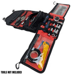 The TC Bros. Tool Roll by TC Bros. is a black and red zippered organizer case with compartments, ideal for motorcycles. MOLLE straps offer added versatility. TOOLS NOT INCLUDED.