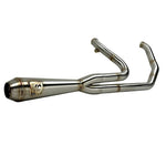 TC Bros. 2-into-1 Stainless Exhaust System for 2018-Up Harley-Davidson Softail by TC Bros., displayed with various Harley-Davidson Softail exhaust pipes in the background.