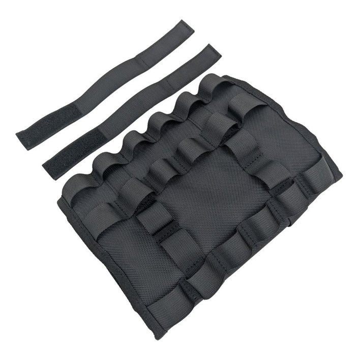 The TC Bros. Tool Roll by TC Bros. is a black and red zippered organizer case with compartments, ideal for motorcycles. MOLLE straps offer added versatility. TOOLS NOT INCLUDED.