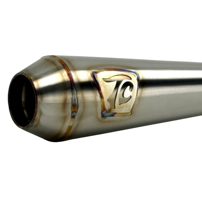 TC Bros. 2-into-1 Stainless Exhaust System for 2018-Up Harley-Davidson Softail by TC Bros., displayed with various Harley-Davidson Softail exhaust pipes in the background.