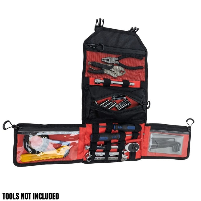 The TC Bros. Tool Roll by TC Bros. is a black and red zippered organizer case with compartments, ideal for motorcycles. MOLLE straps offer added versatility. TOOLS NOT INCLUDED.