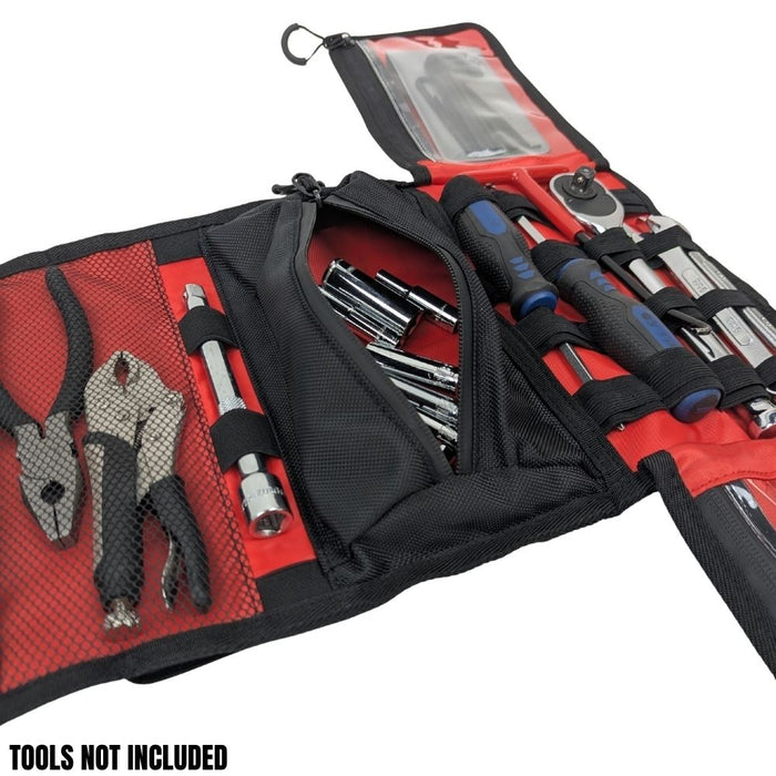 The TC Bros. Tool Roll by TC Bros. is a black and red zippered organizer case with compartments, ideal for motorcycles. MOLLE straps offer added versatility. TOOLS NOT INCLUDED.