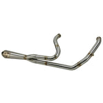 TC Bros. 2-into-1 Stainless Exhaust System for 2018-Up Harley-Davidson Softail: A stainless steel 2-into-1 exhaust system by TC Bros., engineered for Milwaukee-Eight Harley-Davidson Softail motorcycles, shown on a white background with black product text below.