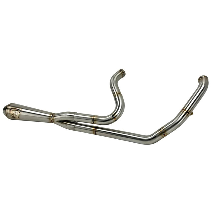 TC Bros. 2-into-1 Stainless Exhaust System for 2018-Up Harley-Davidson Softail by TC Bros., displayed with various Harley-Davidson Softail exhaust pipes in the background.