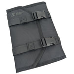 A black and red TC Bros. Tool Roll, weather-resistant with compartments holding various tools; text at bottom states "TOOLS NOT INCLUDED.