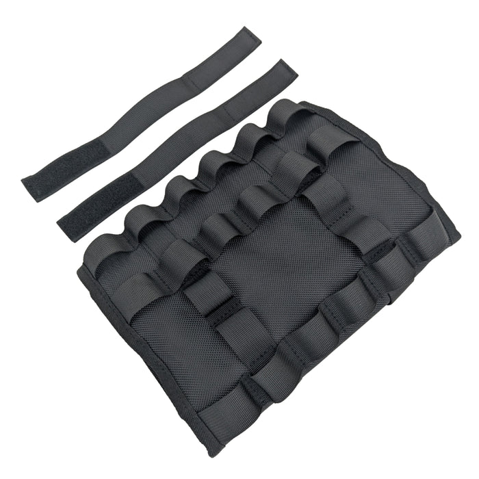 A black and red TC Bros. Tool Roll, weather-resistant with compartments holding various tools; text at bottom states "TOOLS NOT INCLUDED.