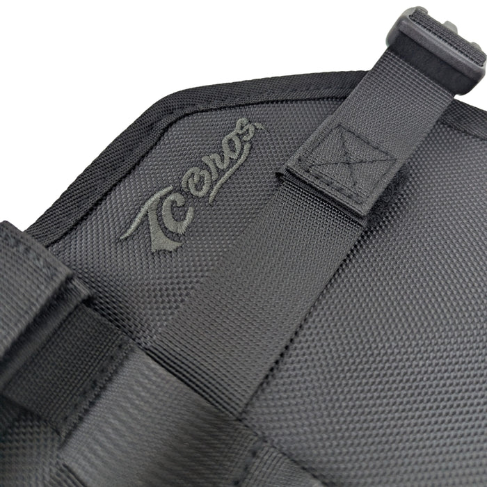 A black and red TC Bros. Tool Roll, weather-resistant with compartments holding various tools; text at bottom states "TOOLS NOT INCLUDED.