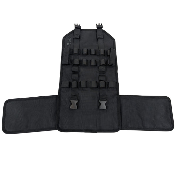 A black and red TC Bros. Tool Roll, weather-resistant with compartments holding various tools; text at bottom states "TOOLS NOT INCLUDED.