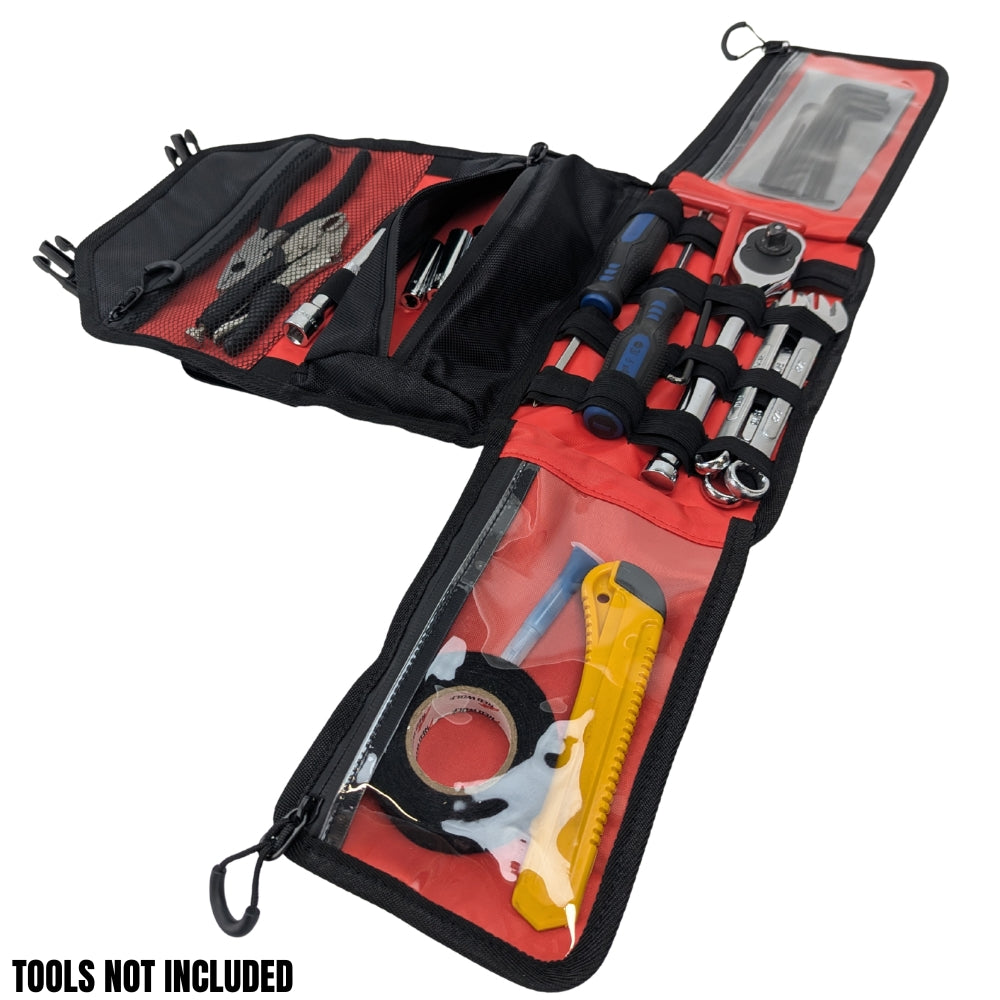 A black and red TC Bros. Tool Roll, weather-resistant with compartments holding various tools; text at bottom states "TOOLS NOT INCLUDED.