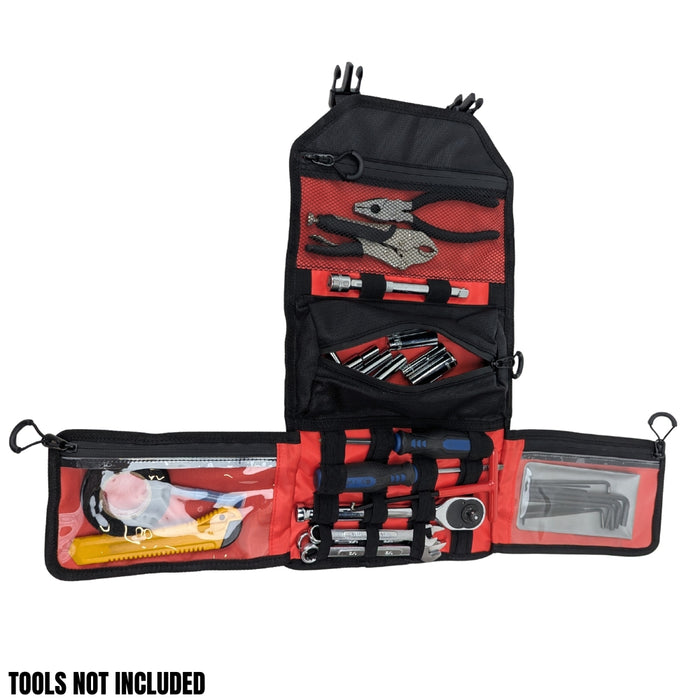 A black and red TC Bros. Tool Roll, weather-resistant with compartments holding various tools; text at bottom states "TOOLS NOT INCLUDED.