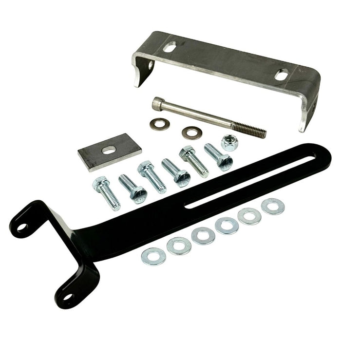 The TC Bros. Rigid Seat Mount Kit for 2004-2013 Harley-Davidson Sportster with Hardtail includes brackets, bolts, washers, nuts, and a black metal piece—perfect hardware for your Sportster project.