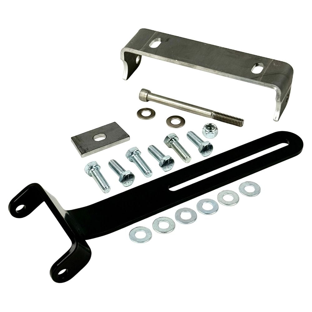 The TC Bros. Rigid Seat Mount Kit for 2004-2013 Harley-Davidson Sportster with Hardtail includes brackets, bolts, washers, nuts, and a black metal piece—perfect hardware for your Sportster project.