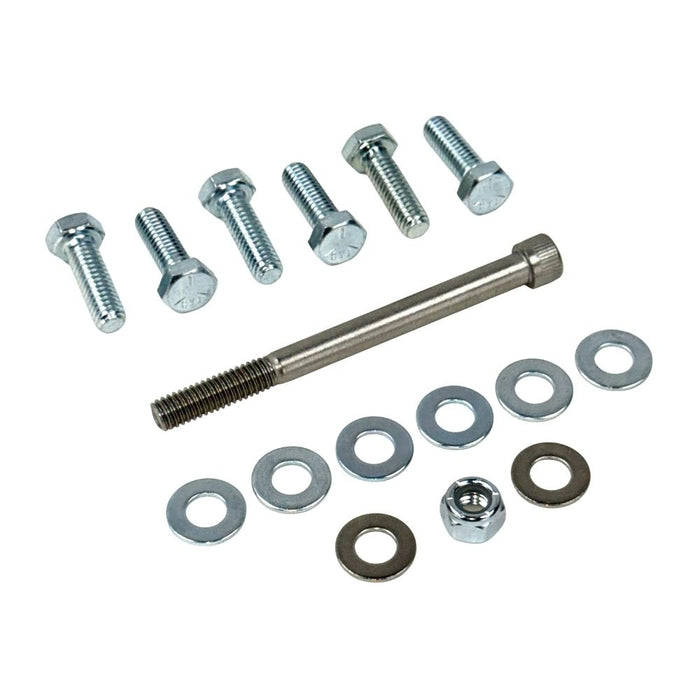 The TC Bros. Rigid Seat Mount Kit for 2004-2013 Harley-Davidson Sportster with Hardtail includes brackets, bolts, washers, nuts, and a black metal piece—perfect hardware for your Sportster project.