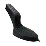 Two black Sully's Customs Camel Back Seats for Hardtail—one with diamond-quilted stitching, another with horizontal lines—are displayed side by side, offering stylish upgrade options from Sully's Customs.