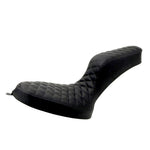 Two black Sully's Customs Camel Back Seats for Hardtail—one with diamond-quilted stitching, another with horizontal lines—are displayed side by side, offering stylish upgrade options from Sully's Customs.