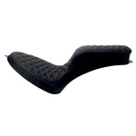 Two black Sully's Customs Camel Back Seats for Hardtail—one with diamond-quilted stitching, another with horizontal lines—are displayed side by side, offering stylish upgrade options from Sully's Customs.