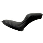 Two black Sully's Customs Camel Back Seats for Hardtail—one with diamond-quilted stitching, another with horizontal lines—are displayed side by side, offering stylish upgrade options from Sully's Customs.