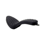 Two black motorcycle seats from Sully's Customs—a hardtail saddle with horizontal stitching and the Cobra Seat for Hardtail with a diamond quilted design—are shown from above, each built on a sturdy steel pan.