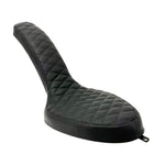 Two black motorcycle seats from Sully's Customs—a hardtail saddle with horizontal stitching and the Cobra Seat for Hardtail with a diamond quilted design—are shown from above, each built on a sturdy steel pan.