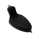 Two black, padded Sully's Customs Hardtail Cobra Seats for hardtails—each handmade in the USA: one with horizontal stitching, the other with diamond quilting.